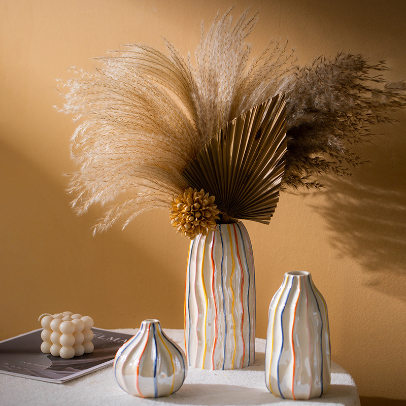 Pampas Grass Decor - CAPIRON Renkli Şerit Seramik Vazo Yeni